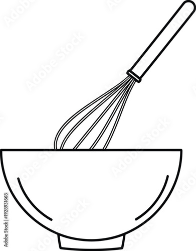 Minimalist line art illustration of a mixing bowl and a wire whisk for cooking and baking.