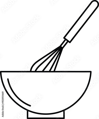 A simple black and white line drawing of a whisk inside a mixing bowl for cooking and baking.