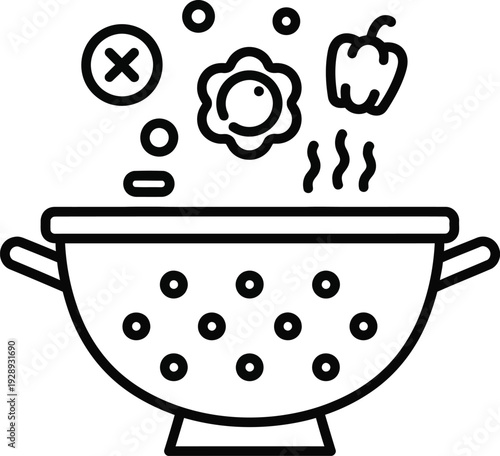 Black and white line icon of a colander with fresh ingredients and steam rising above it.