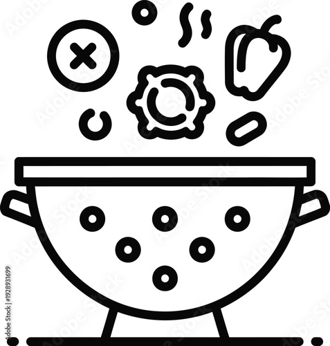 Line art icon of a kitchen colander with various food ingredients floating above it