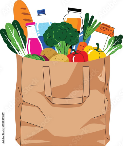 Brown paper bag filled with fresh groceries including vegetables, bread, and bottled water.