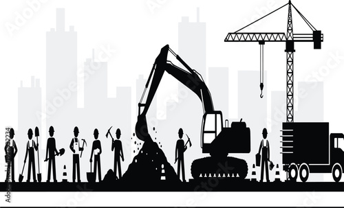 Detailed Black Silhouette Vector Illustration of a Busy Construction Site with Workers Excavator Crane and City Skyline Background Isolated on White