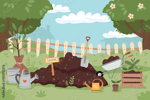 Spring background with soil in the center and gardening tools around it. Perfect for postcards, posters, articles and websites.
