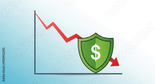 Financial protection shield with downward trending graph.