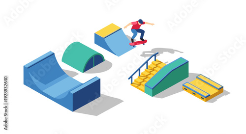 Skateboarder Performing Tricks on Ramps and Rails.