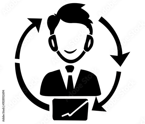 A successful cartoon businessman in a suit works at an office computer, representing a professional character icon and service symbol for business ideas