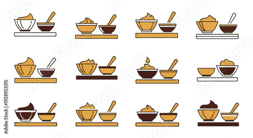 Set of Food Bowl Vector Icons with Tray and Spoon, Flat Design for Restaurant Menu and Culinary Branding