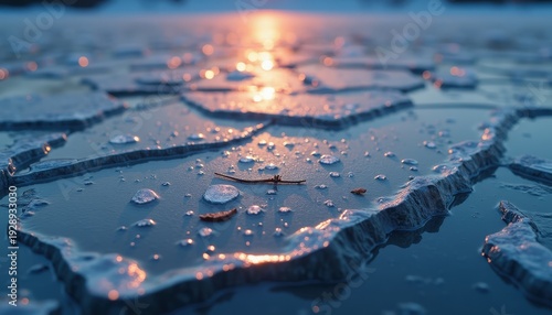Closeup Of Cracked Ice Floes Reflecting Golden Sunset Light On Water Surface During Dusk Sky In Winter Season