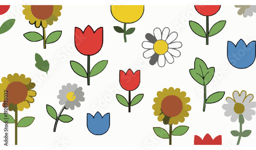 Kids’ colorful floral doodle vector seamless pattern with funny minimal flowers