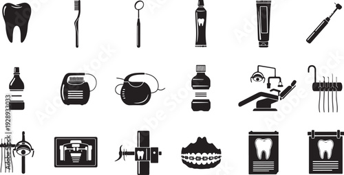 Dental and Oral Care Silhouette Vector Icons Set Tooth, Toothbrush, Toothpaste, Mouthwash, Dental Floss, Dental Chair, Drill, X-ray, Dental Chart and Equipment