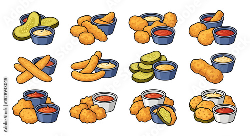 Chicken Nuggets and Fried Snacks Collection with Dipping Sauces and Pickles Vector Illustration
