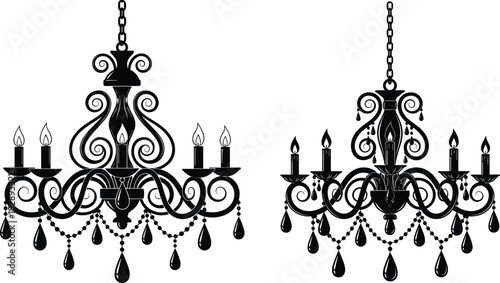 Elegant Black Silhouette Chandelier Illustration Set Featuring Ornate Victorian Scrolls Crystal Droplets and Lit Candles for Vintage Gothic Interior Design Projects