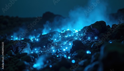 Mystical Night Landscape with Glowing Blue Flora and Soft Mist illuminated by Ethereal Light creating an otherworldly