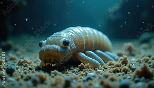 Close Up Of A Strange Underwater Creature On Sand In Dark Water With Tiny Bubbles
