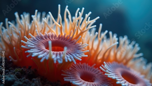 Close Up Macro Shot Of Orange Coral Polyps With Delicate Tentacles In Clear Blue Ocean Water