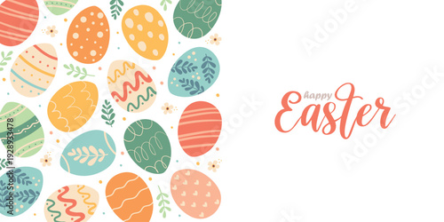 Horizontal Easter banner with eggs and flowers. Perfect for designing Easter banners, websites, cards and invitations.