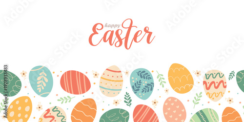 Horizontal seamless Easter banner with eggs and flowers. Perfect for designing Easter banners, websites, cards and invitations.