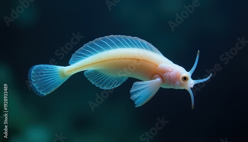 Close Up Of A Small Light Colored Fish With Translucent Fins And Small Tentacles Swimming In Dark Water