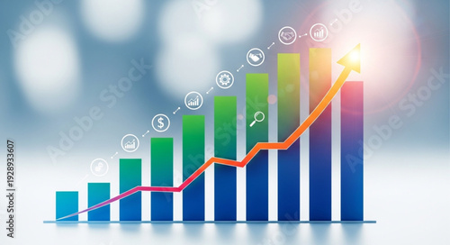 Financial stock market growth chart with rising arrow and icons.