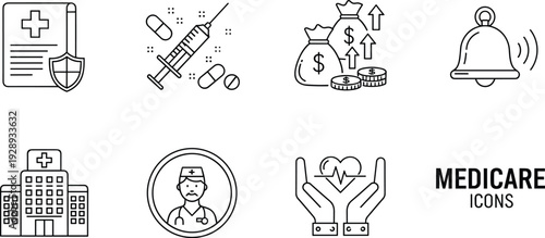 PrMedical healthcare vector icon set featuring hospital, doctor, medicine, insurance, vaccination, emergency alert, and medicare symbols in minimal outline stylent
