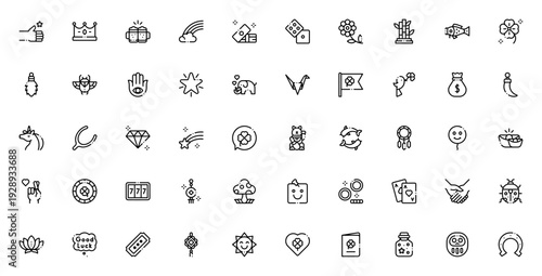 Good Luck icon set. Lucky symbols vector collection. Includes like, crown, rainbow, money, clover, dice, horseshoe, lucky cat, 777 and more. Editable stroke.
