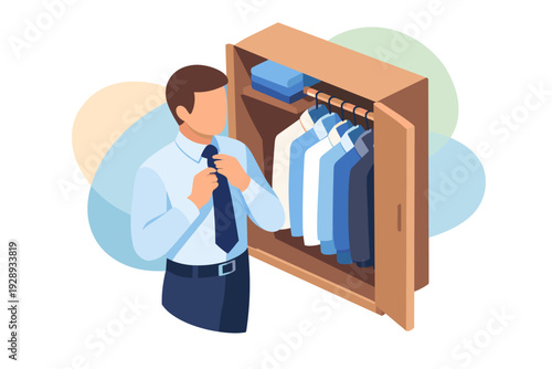 Man tying his tie in front of an open wardrobe with shirts.