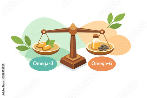 Omega 3 and Omega 6 balance on a scale illustration.