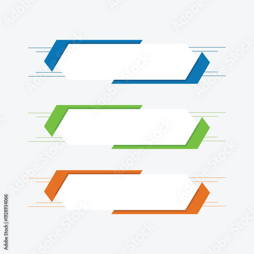 Three colorful horizontal banners with white text placeholders and abstract geometric shapes