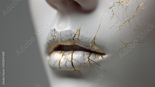 金色のひび割れが美しい唇のクローズアップ。美容やアート表現の素材に最適なイメージ。