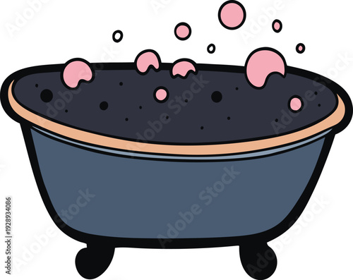Dark gray bathtub filled with bubbly black water and pink bubbles vector illustration