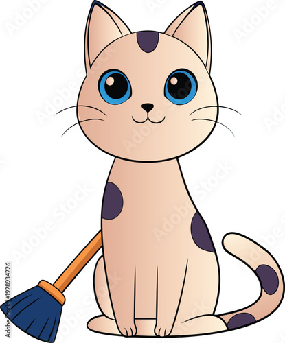 Cute beige cat with blue eyes holding a broom vector illustration