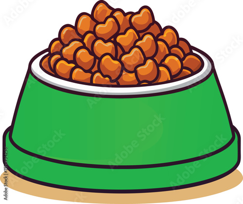 Green bowl filled with brown dry dog food on a plain background vector illustration