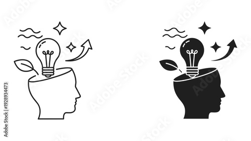 Creative ideas emerging from human heads with light bulbs and leaves