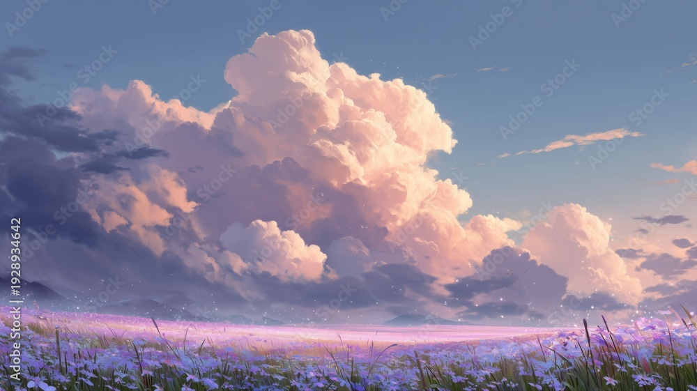 Naklejka premium 壮大な雲が広がる花畑の風景。自然や癒しをテーマにした背景素材