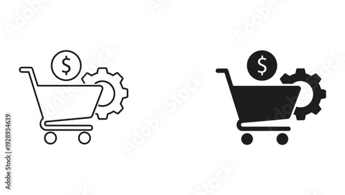 E-commerce shopping cart with gear and dollar symbol for business finance