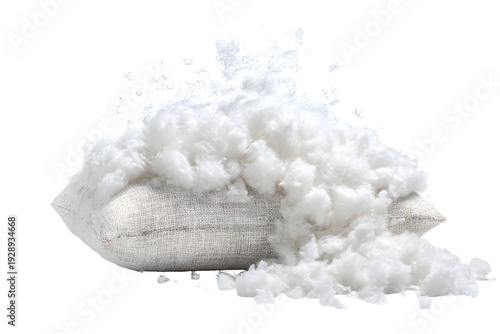 White polyester fiberfill pillow stuffing spilling out isolated on transparent background