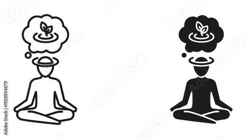 Meditating individuals with leaves in thought bubbles, symbolizing growth and mindfulness