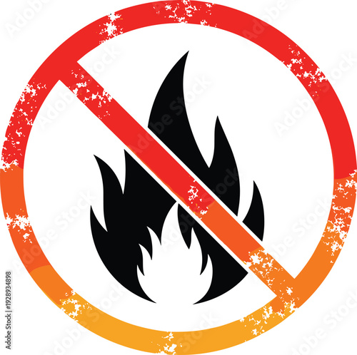 No fire allowed vector icon with flame prohibition symbol, distressed warning sign design for flammable areas, safety regulations, and hazard prevention