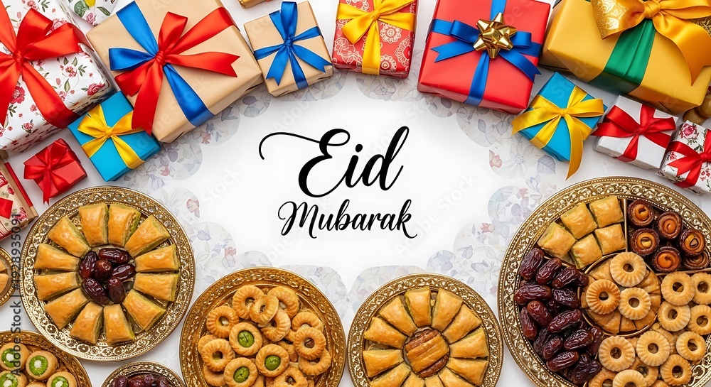 Naklejka premium Celebrating eid with traditional sweets and festive gifts arrangement.