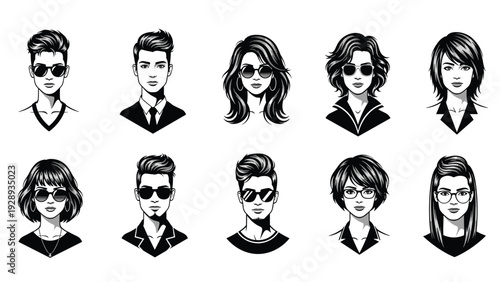 Selection of various male and female avatar faces in black and white wearing different styles of fashionable eyewear and glasses.