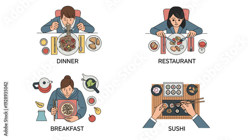 Top down views of various dining scenarios including family dinner at home, restaurant meals, healthy breakfast, and sushi.