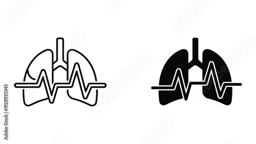 Lungs with heartbeat line in black and white for medical concepts