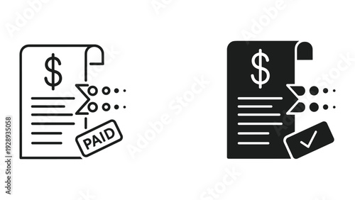 Paid invoice and bill payment icons in black and white