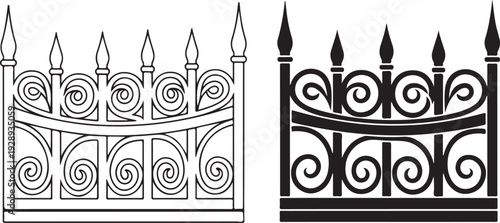 Black and white wrought iron fence with scrollwork and pointed tips fence scrollwork ironwork