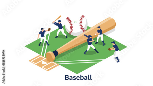 Dynamic isometric baseball game illustration featuring players in action with a giant bat and ball on a green field diamond.