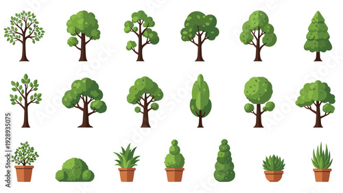 Collection of various stylized green tree shapes and potted plants for landscape design or architectural visualization projects.