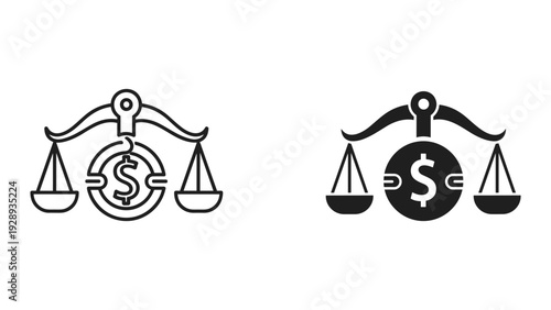 Modern finance and justice balance icons with dollar sign