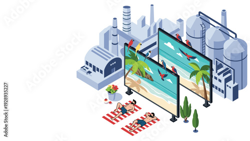 People sunbathe in front of large screens displaying tropical beaches as a contrast to the grey industrial factory background.