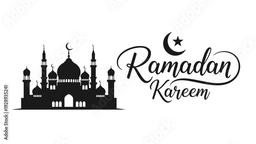 Elegant black silhouette of a mosque with multiple minarets and domes for a Ramadan Kareem greeting card or holiday design.