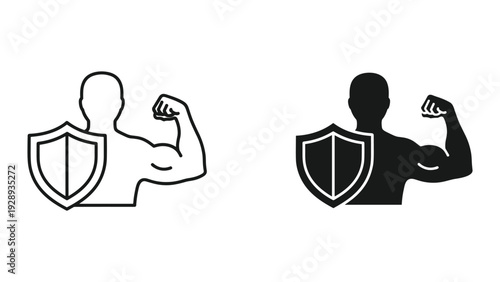 Strong man flexing muscles with shield icon